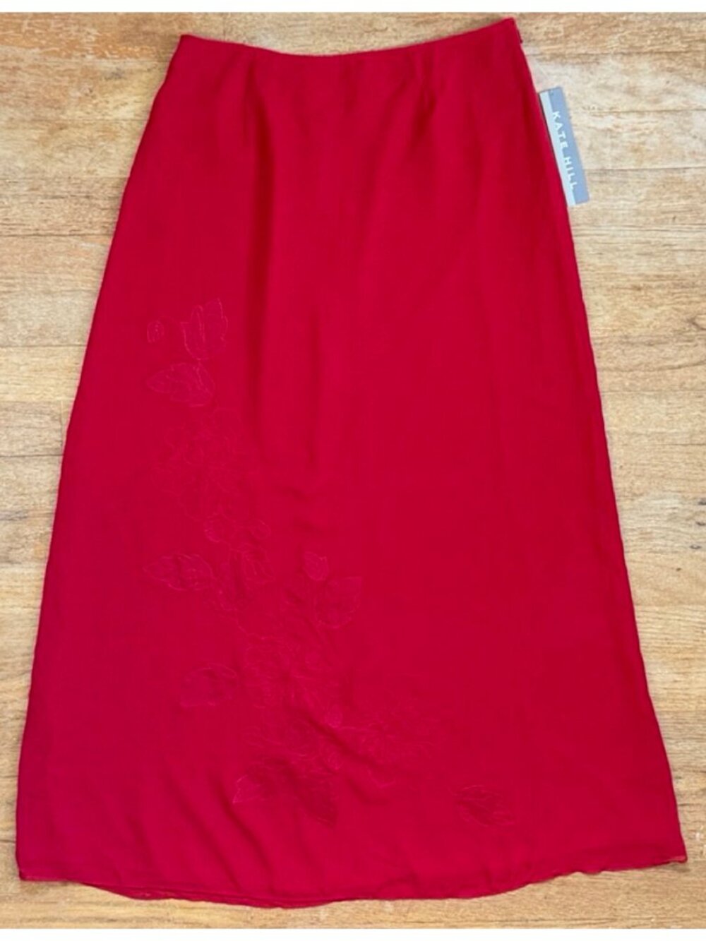 Vintage Red Floral Embroidered Silk Maxi Skirt XS (4) 26" Waist Y2K Kate Hill